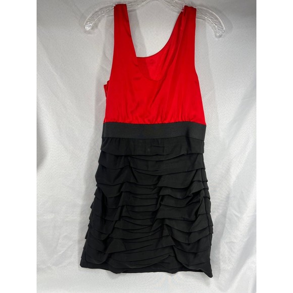 Express Sz 12 Red & Black Mini Dress Club Evening Comfy Black Ruched Body-con - Picture 2 of 4